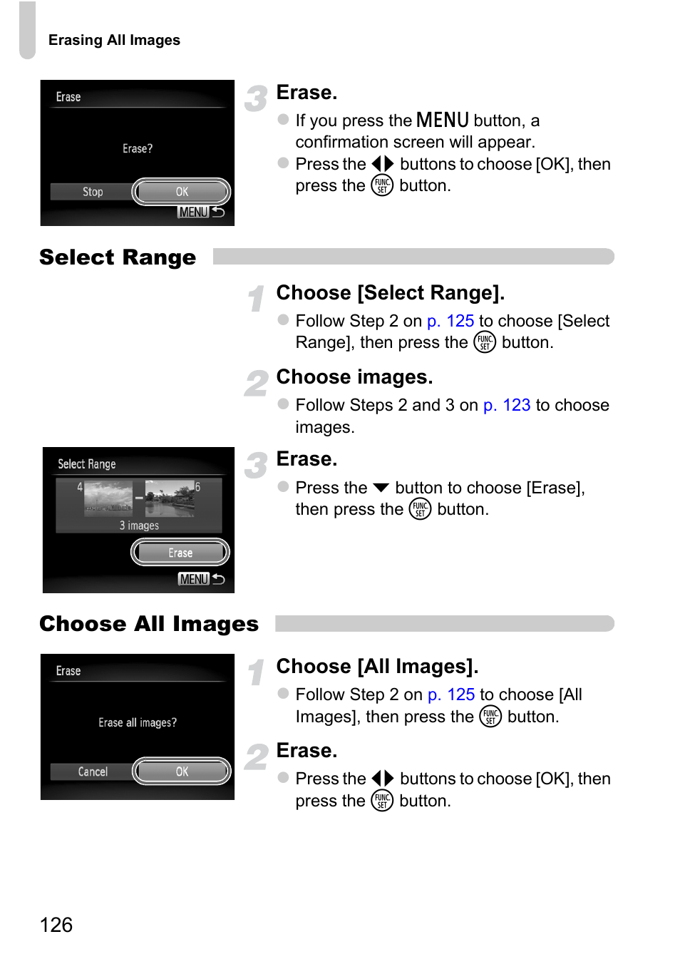 Select range, Choose all images, 126 erase | Choose [select range, Choose images, Erase, Choose [all images | Canon A2200 User Manual | Page 126 / 201