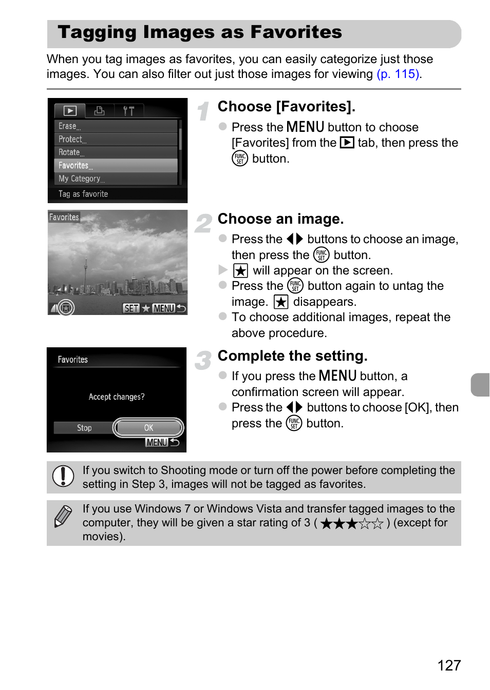 Tagging images as favorites, P. 127), Choose [favorites | Choose an image, Complete the setting | Canon A2200 User Manual | Page 127 / 201