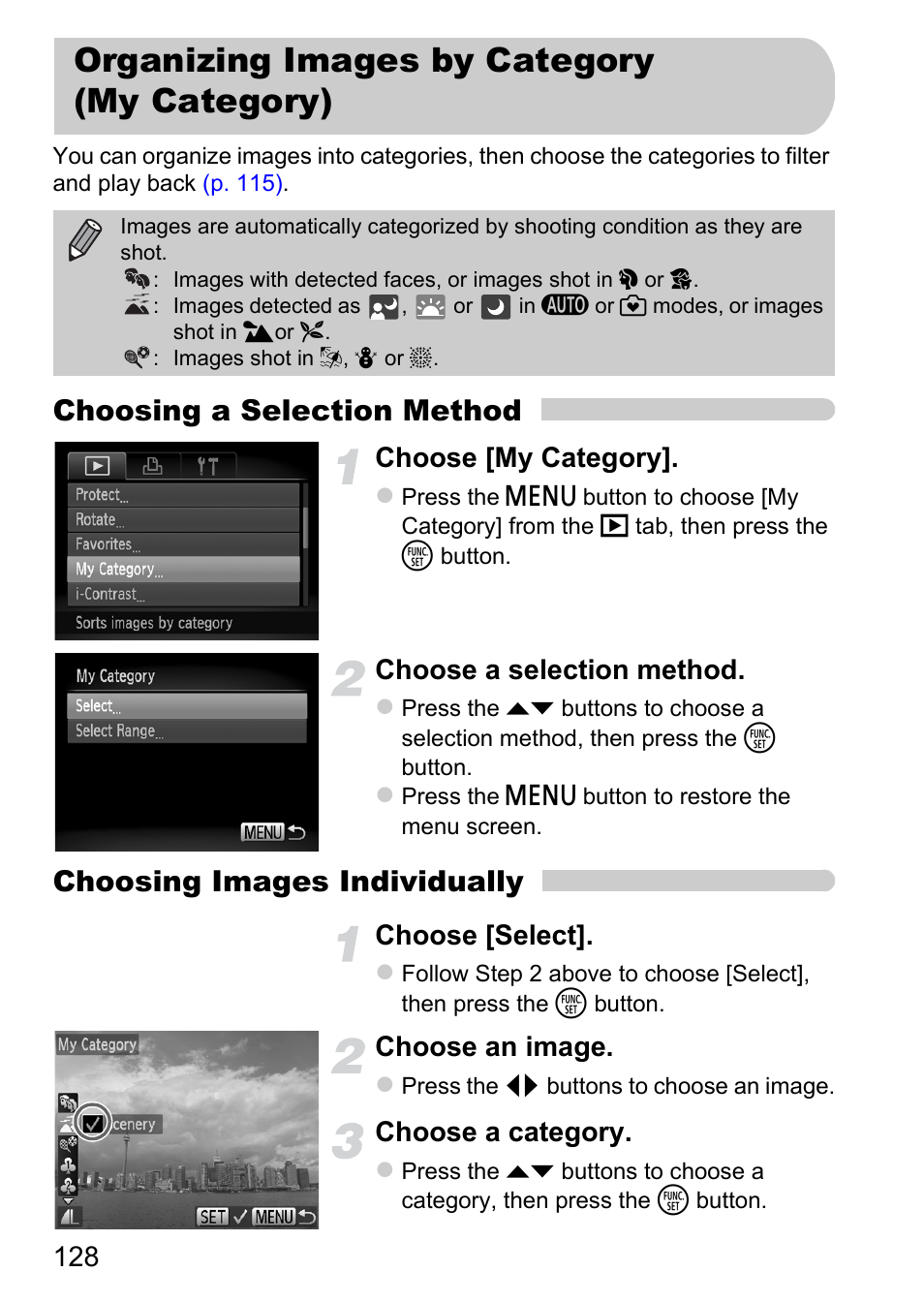 Organizing images by category (my category), Organizing images by category, My category) | P. 128), Choosing a selection method, Choosing images individually, Choose [my category, Choose a selection method, Choose [select, Choose an image | Canon A2200 User Manual | Page 128 / 201