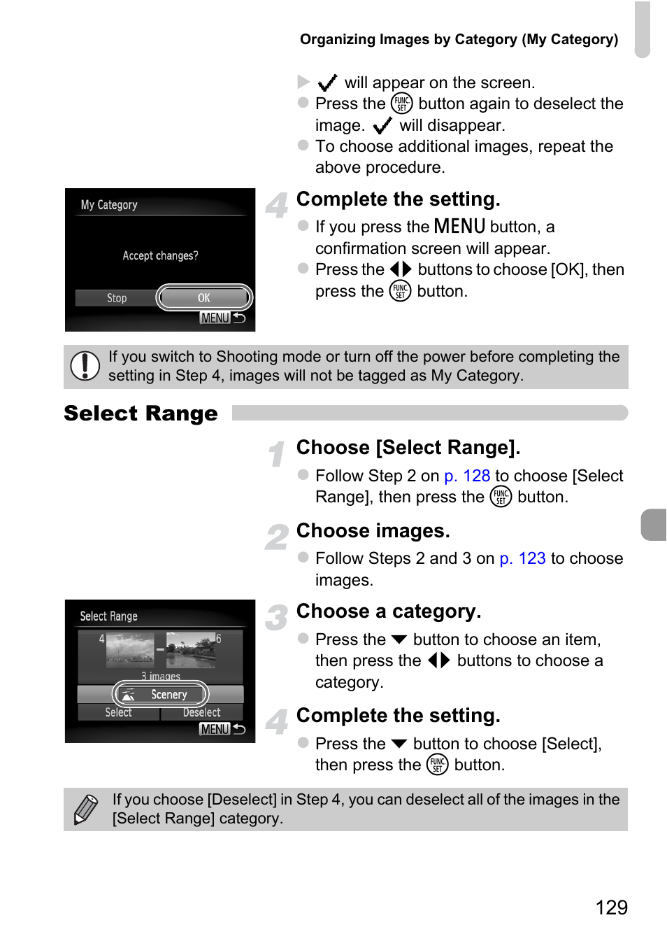 Select range, Complete the setting, Choose [select range | Choose images, Choose a category | Canon A2200 User Manual | Page 129 / 201