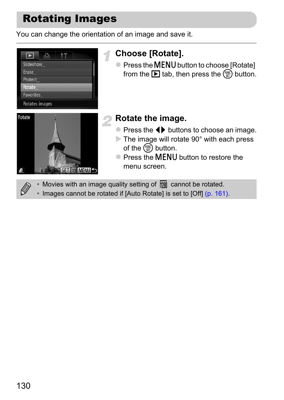 Rotating images, Choose [rotate, Rotate the image | Canon A2200 User Manual | Page 130 / 201