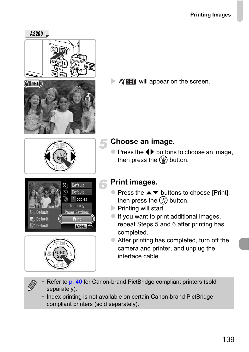 Choose an image, Print images | Canon A2200 User Manual | Page 139 / 201
