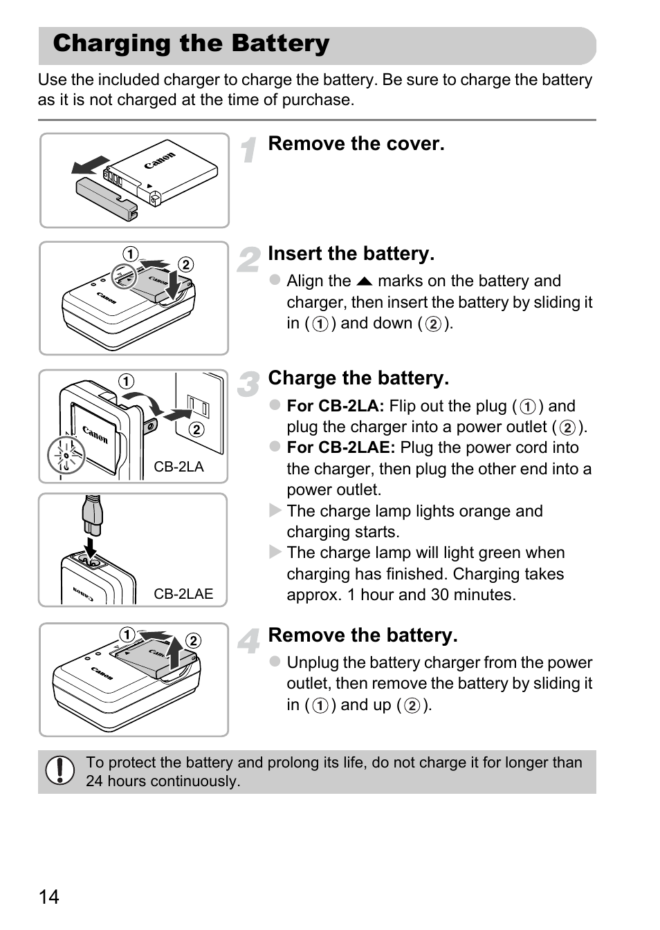 Charging the battery, Remove the cover. insert the battery, Charge the battery | Remove the battery | Canon A2200 User Manual | Page 14 / 201