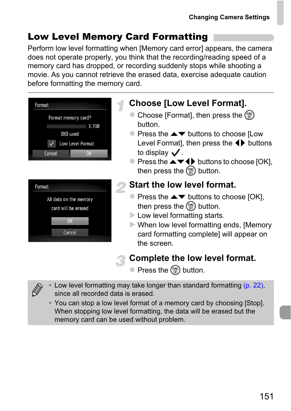 Choose [low level format, Start the low level format, Complete the low level format | Canon A2200 User Manual | Page 151 / 201