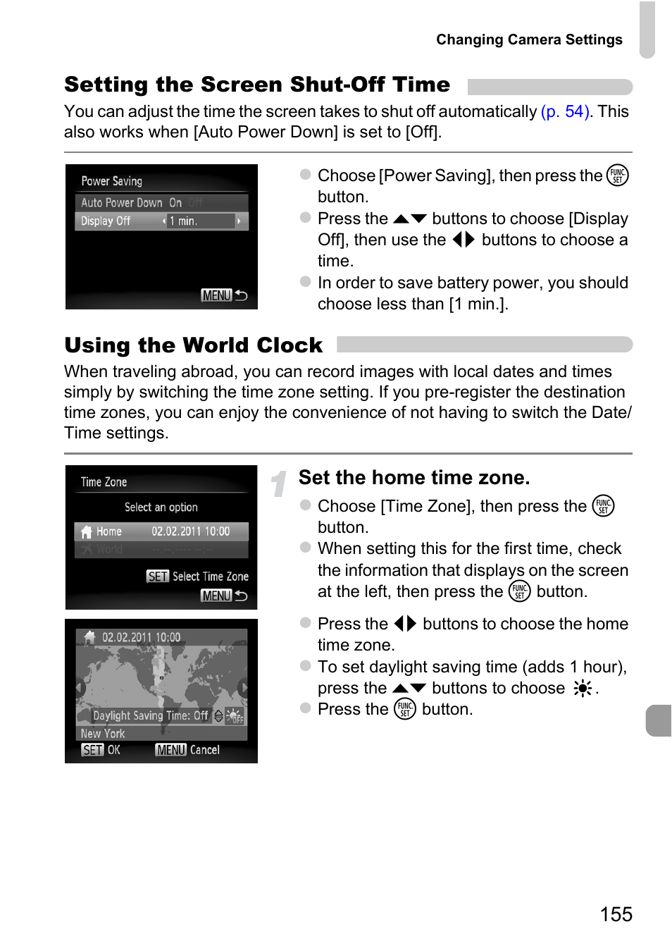 P. 155), Setting the screen shut-off time, Using the world clock | Set the home time zone | Canon A2200 User Manual | Page 155 / 201