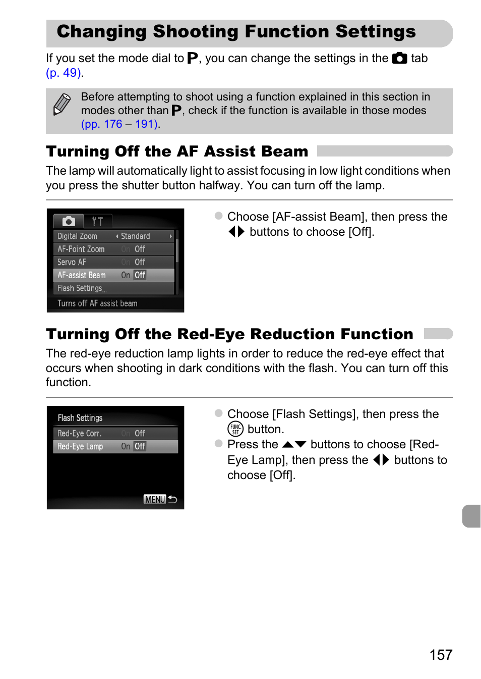 Changing shooting function settings, Changing shooting function, Settings | P. 157), Turning off the af assist beam, Turning off the red-eye reduction function | Canon A2200 User Manual | Page 157 / 201