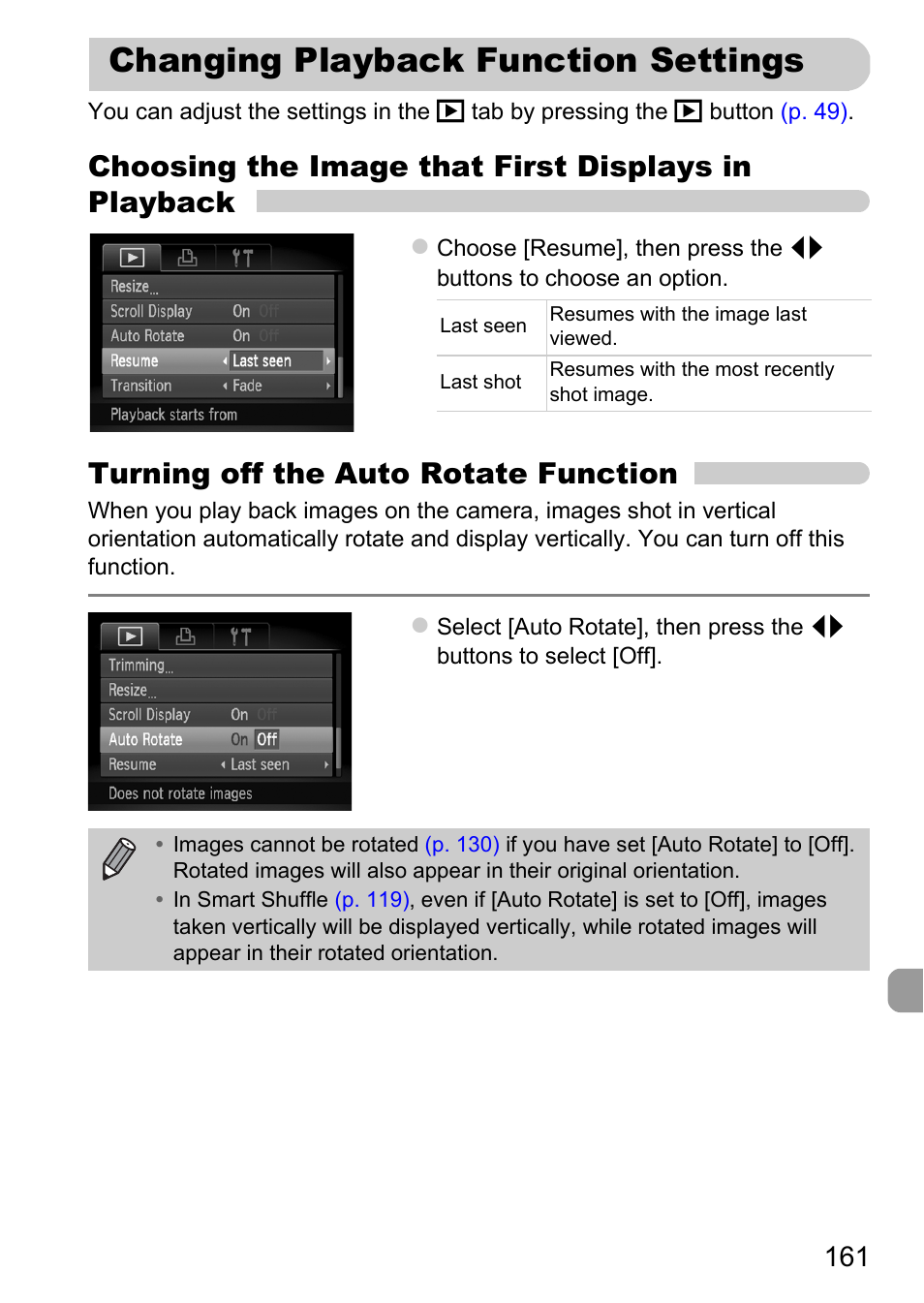 Changing playback function settings, Changing playback function, Settings | Choosing the image that first displays in playback, Turning off the auto rotate function | Canon A2200 User Manual | Page 161 / 201