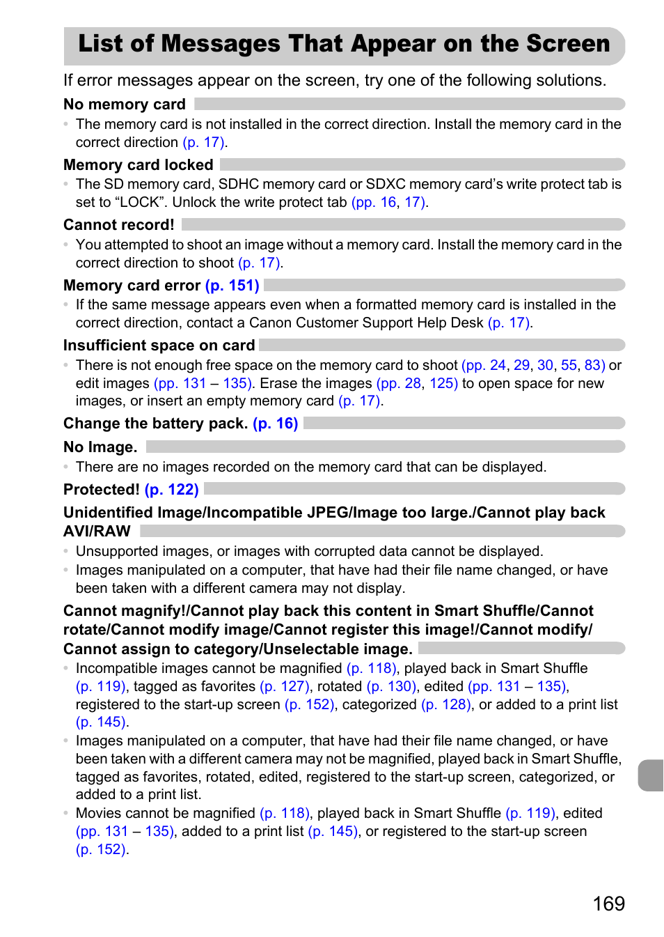 List of messages that appear on the screen, List of messages that appear, On the screen | Canon A2200 User Manual | Page 169 / 201