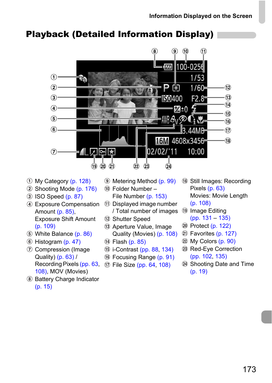 P. 173), Playback (detailed information display) | Canon A2200 User Manual | Page 173 / 201