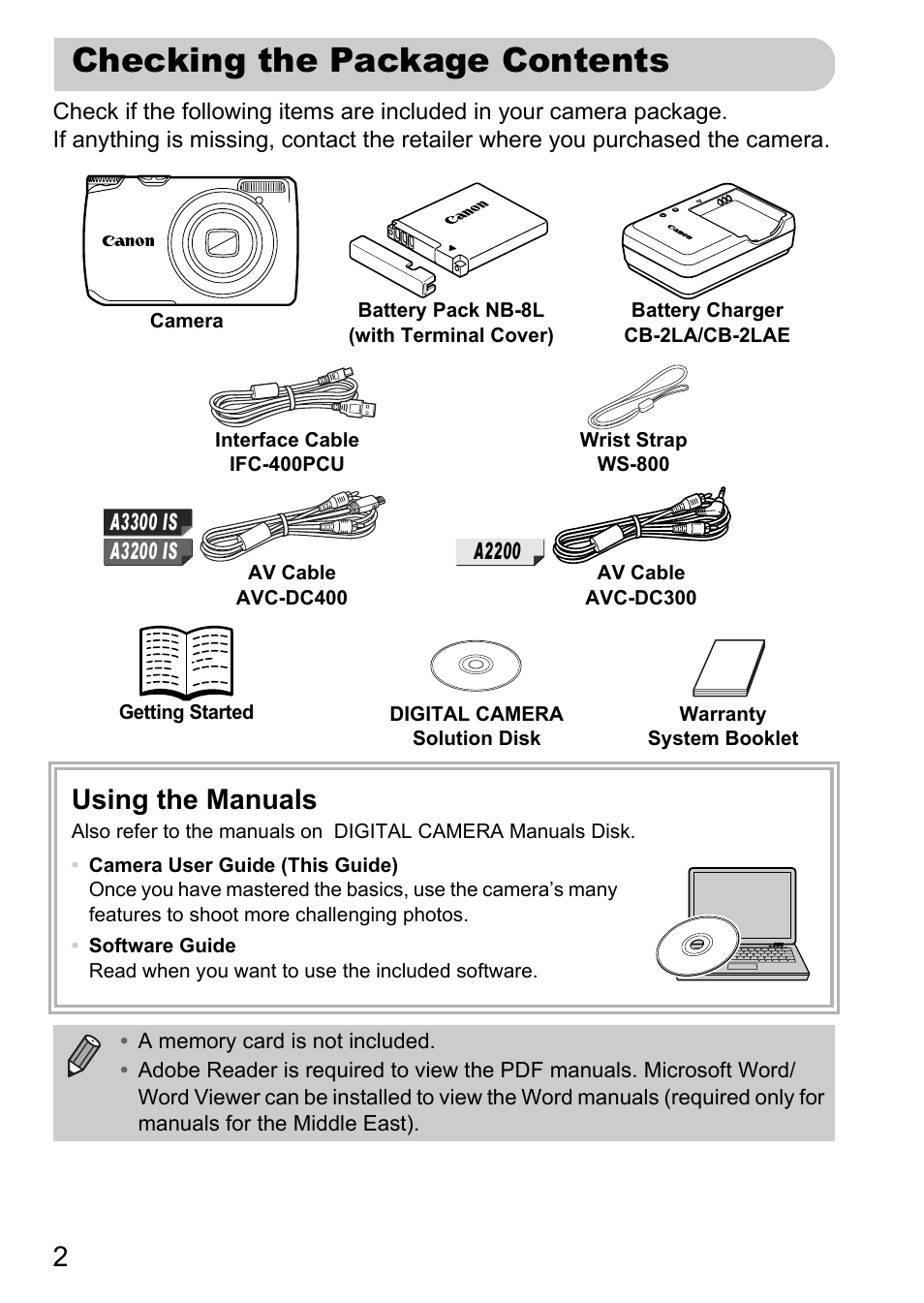 Checking the package contents, Using the manuals | Canon A2200 User Manual | Page 2 / 201