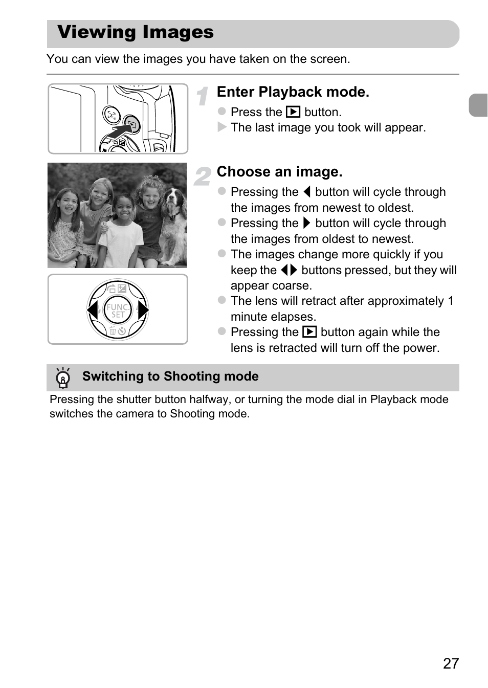 Viewing images, Enter playback mode, Choose an image | Canon A2200 User Manual | Page 27 / 201