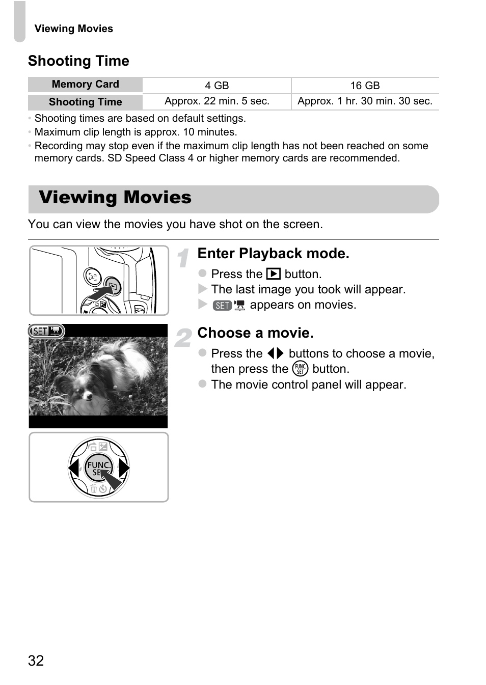 Viewing movies, 32 shooting time, Enter playback mode | Choose a movie | Canon A2200 User Manual | Page 32 / 201