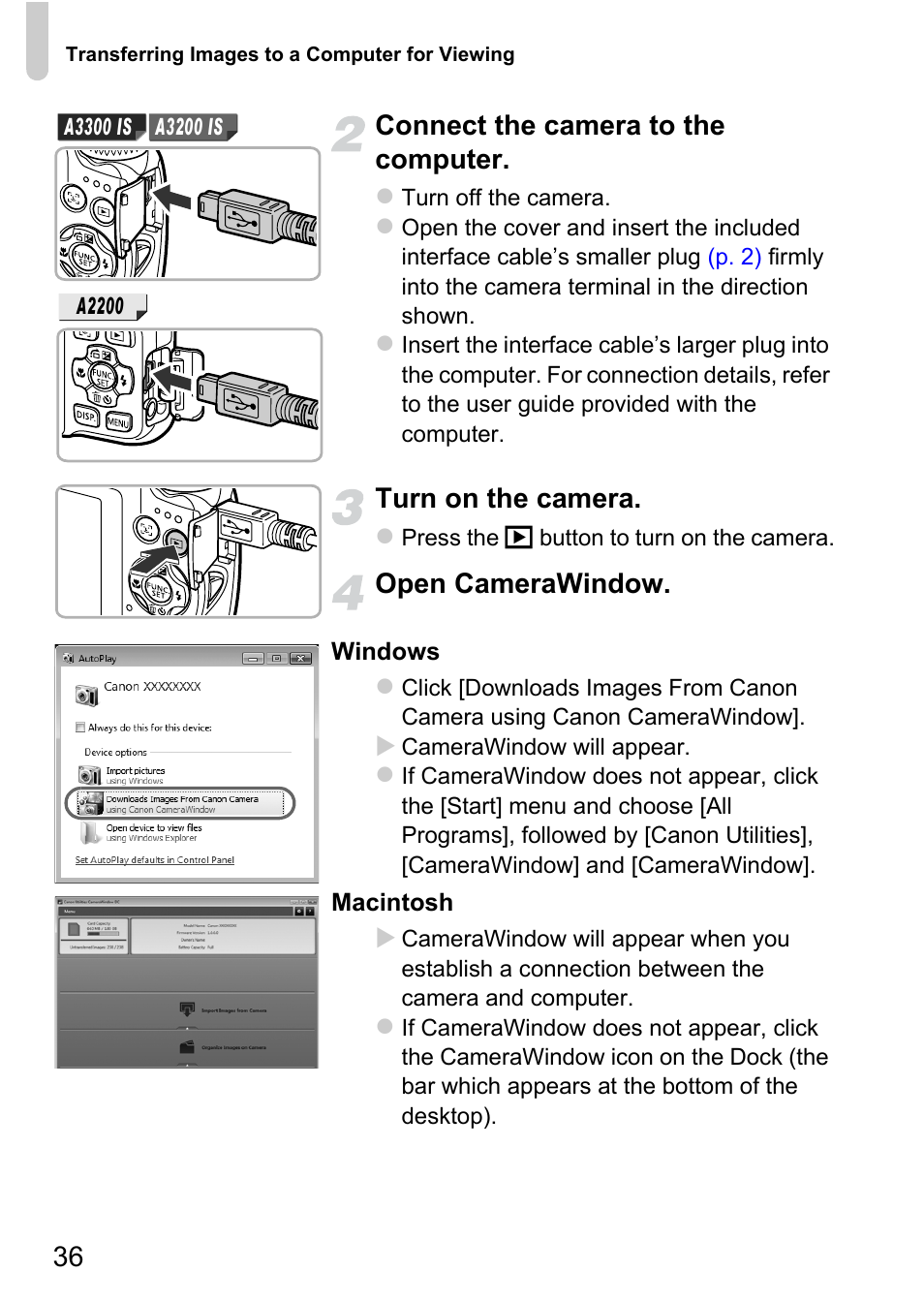 36 connect the camera to the computer, Turn on the camera, Open camerawindow | Canon A2200 User Manual | Page 36 / 201