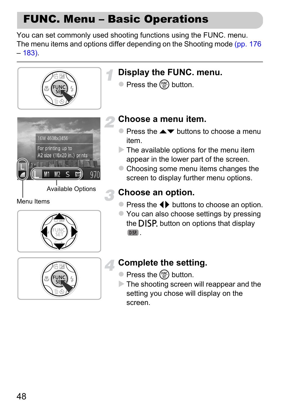 Func. menu - basic operations, Func. menu – basic operations, P. 48) | Display the func. menu, Choose a menu item, Choose an option, Complete the setting | Canon A2200 User Manual | Page 48 / 201