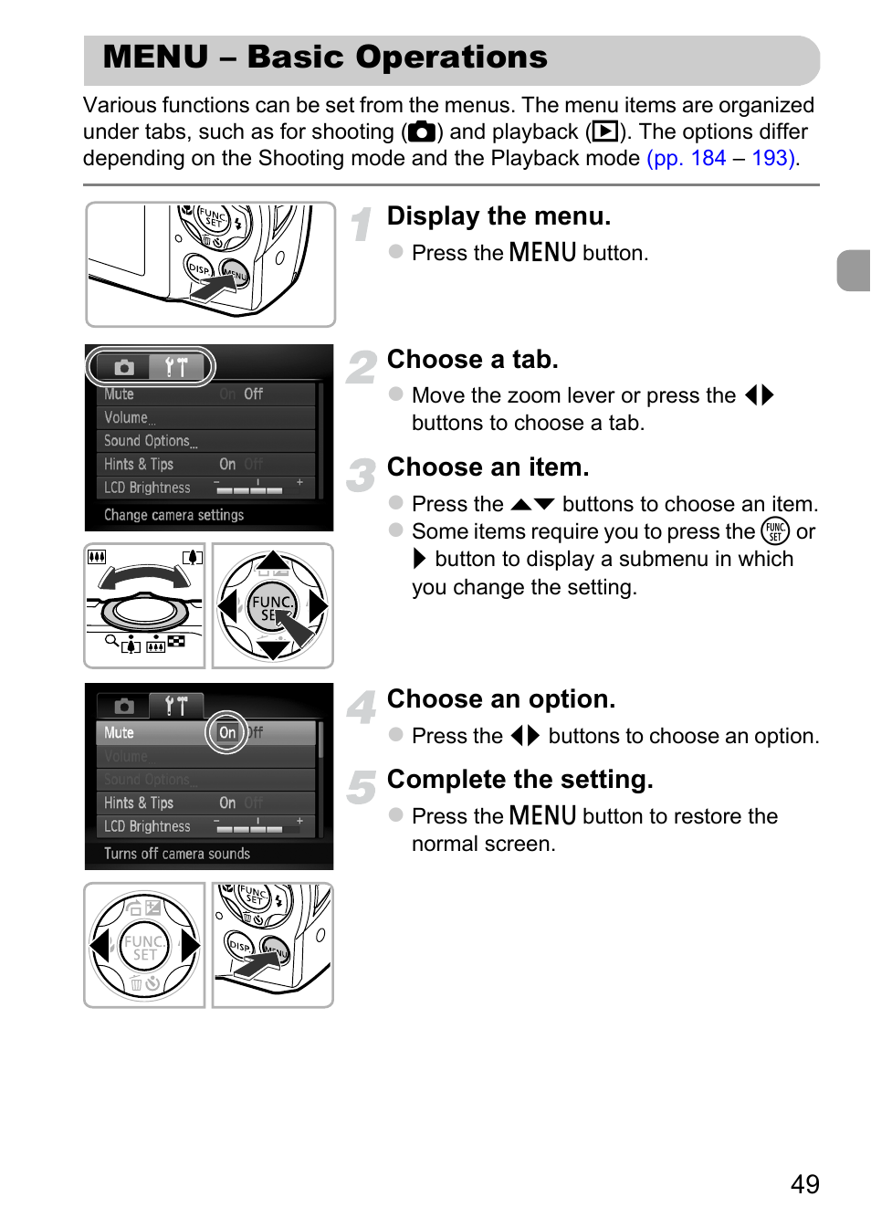 Menu - basic operations, Menu – basic operations, P. 49) | Canon A2200 User Manual | Page 49 / 201