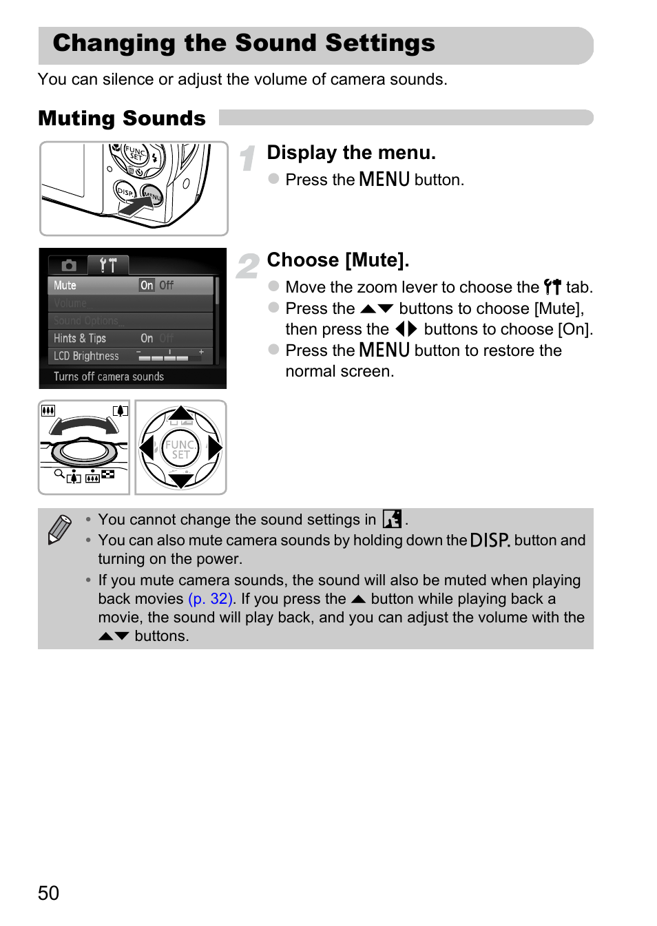 Changing the sound settings, Muting sounds, Display the menu | Choose [mute | Canon A2200 User Manual | Page 50 / 201