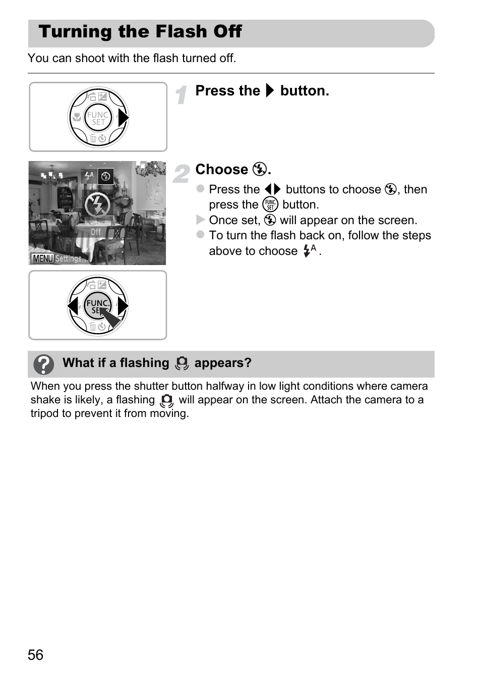 Turning the flash off, Pp. 56 | Canon A2200 User Manual | Page 56 / 201