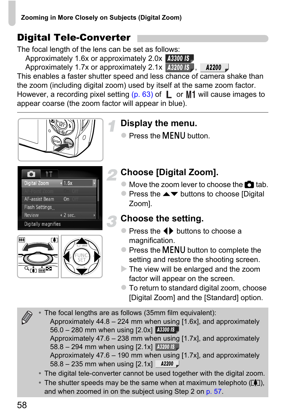 Digital tele-converter, Display the menu, Choose [digital zoom | Choose the setting | Canon A2200 User Manual | Page 58 / 201