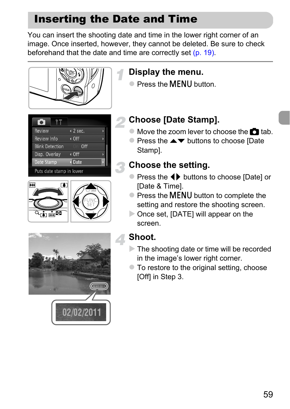 Inserting the date and time | Canon A2200 User Manual | Page 59 / 201