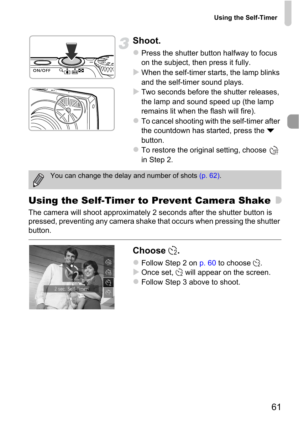 Using the self-timer to prevent camera shake, 61 shoot, Choose î | Canon A2200 User Manual | Page 61 / 201