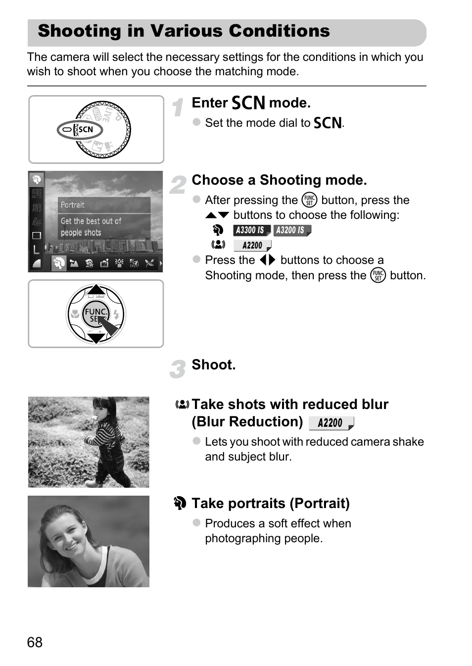 Shooting in various conditions, P. 68) | Canon A2200 User Manual | Page 68 / 201