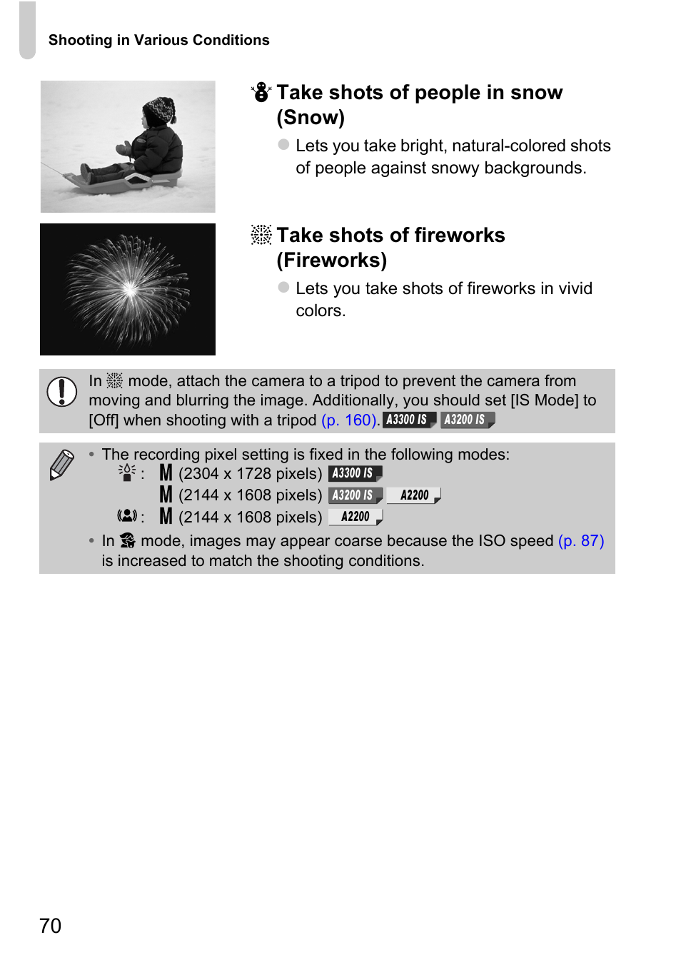 P. 70), 70 p take shots of people in snow (snow), T take shots of fireworks (fireworks) | Canon A2200 User Manual | Page 70 / 201