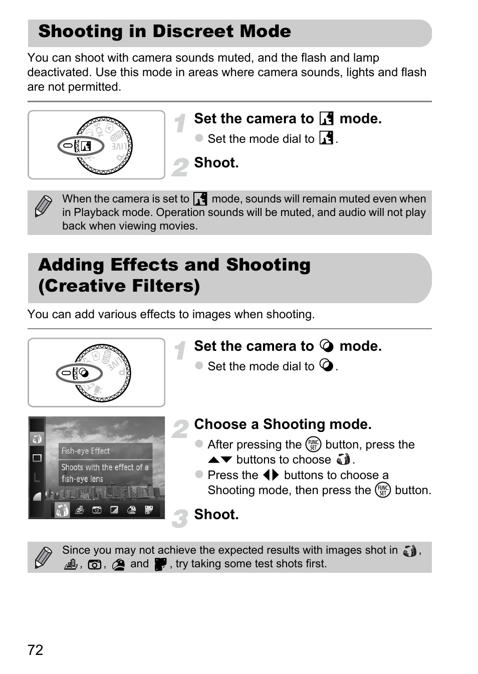 Shooting in discreet mode, Adding effects and shooting (creative filters), Creative filters) | P. 72) | Canon A2200 User Manual | Page 72 / 201