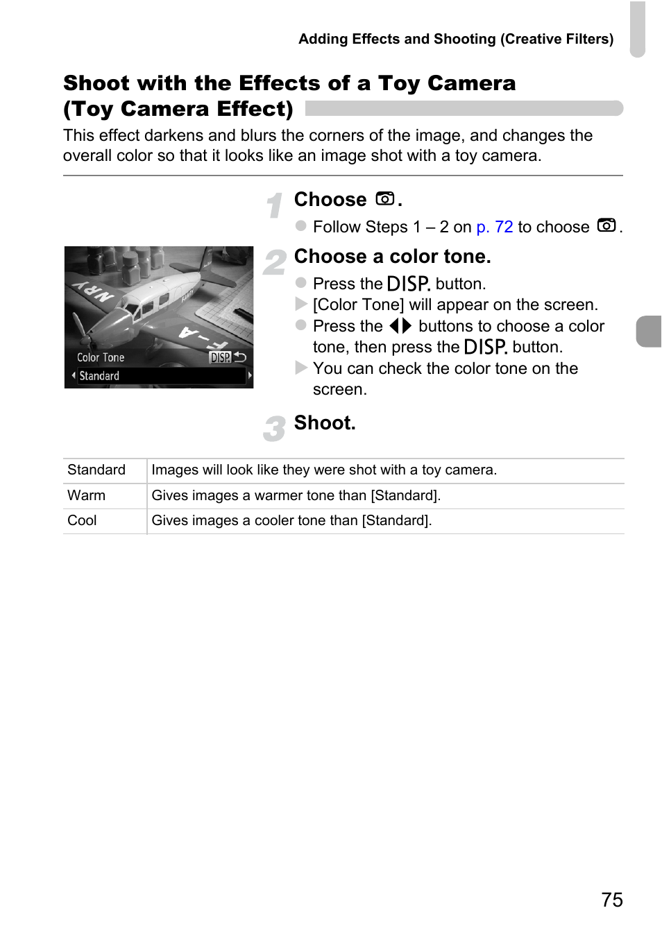 P. 75), Choose, Choose a color tone | Shoot | Canon A2200 User Manual | Page 75 / 201
