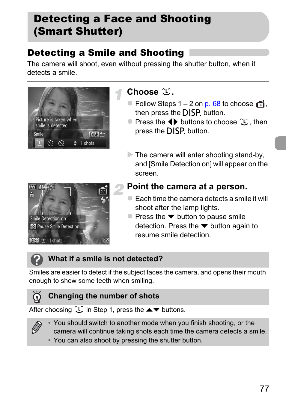 Detecting a face and shooting (smart shutter), Detecting a face and shooting, Smart shutter) | Detecting a smile and shooting, Choose, Point the camera at a person | Canon A2200 User Manual | Page 77 / 201