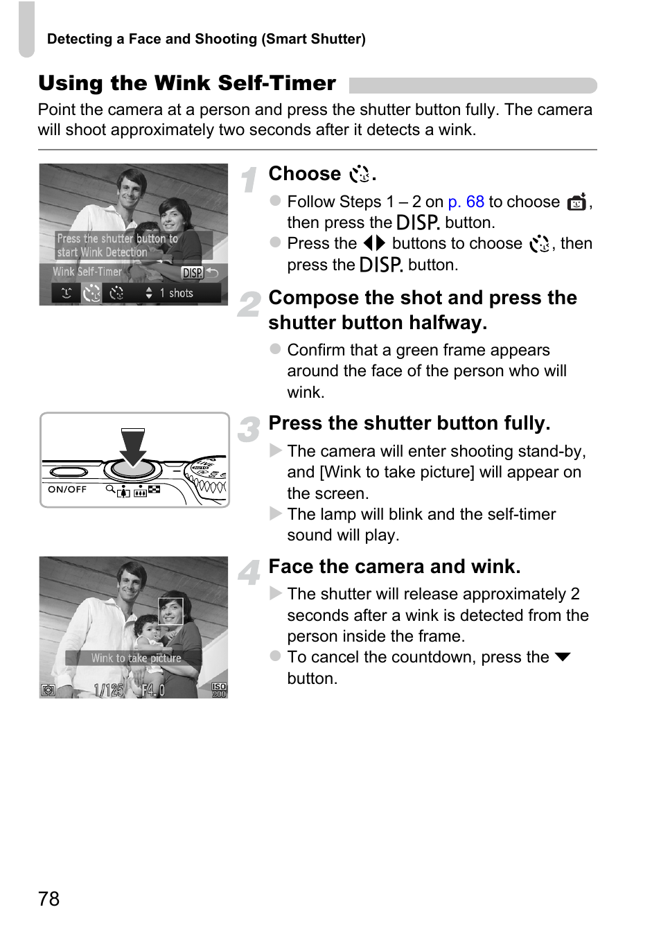 Using the wink self-timer, Choose, Press the shutter button fully | Face the camera and wink | Canon A2200 User Manual | Page 78 / 201