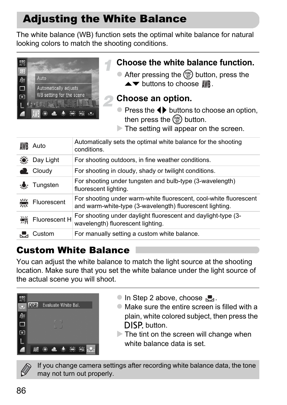 Adjusting the white balance, P. 86), Custom white balance | Choose the white balance function, Choose an option | Canon A2200 User Manual | Page 86 / 201