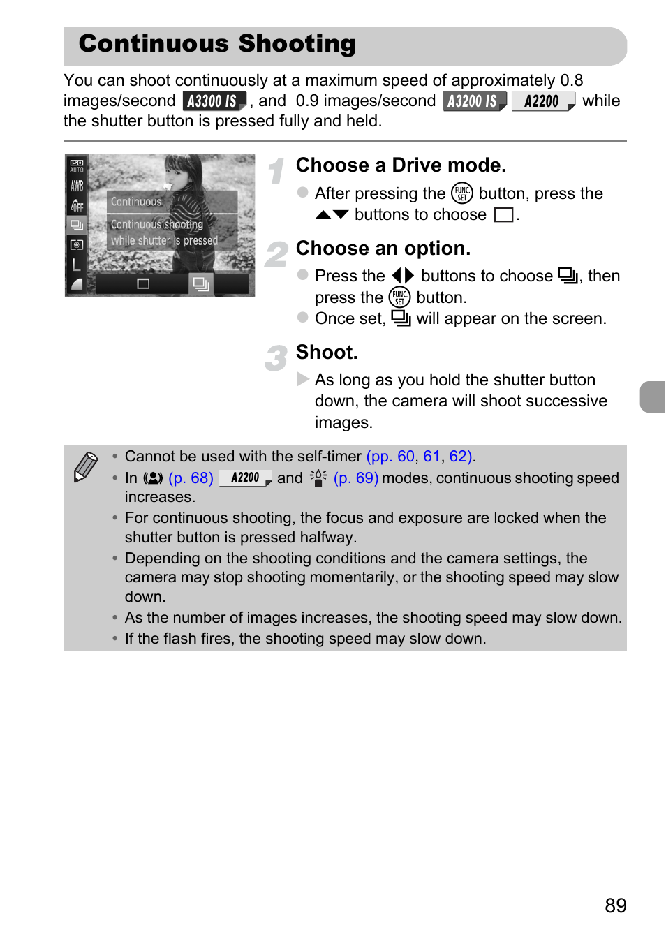 Continuous shooting, Choose a drive mode, Choose an option | Shoot | Canon A2200 User Manual | Page 89 / 201
