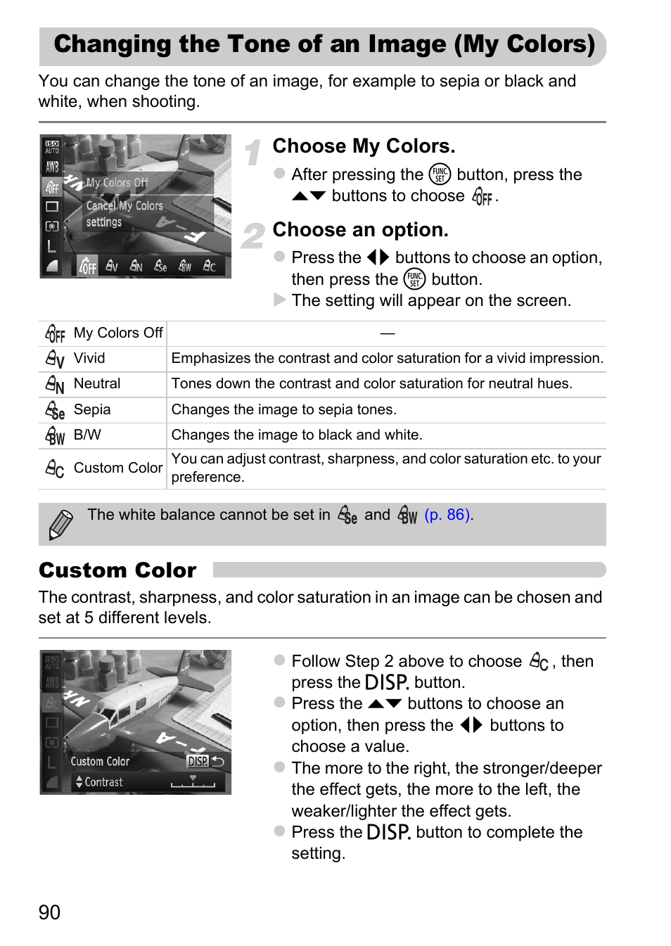 Changing the tone of an image (my colors), Changing the tone of an image, My colors) | Custom color, Choose my colors, Choose an option | Canon A2200 User Manual | Page 90 / 201