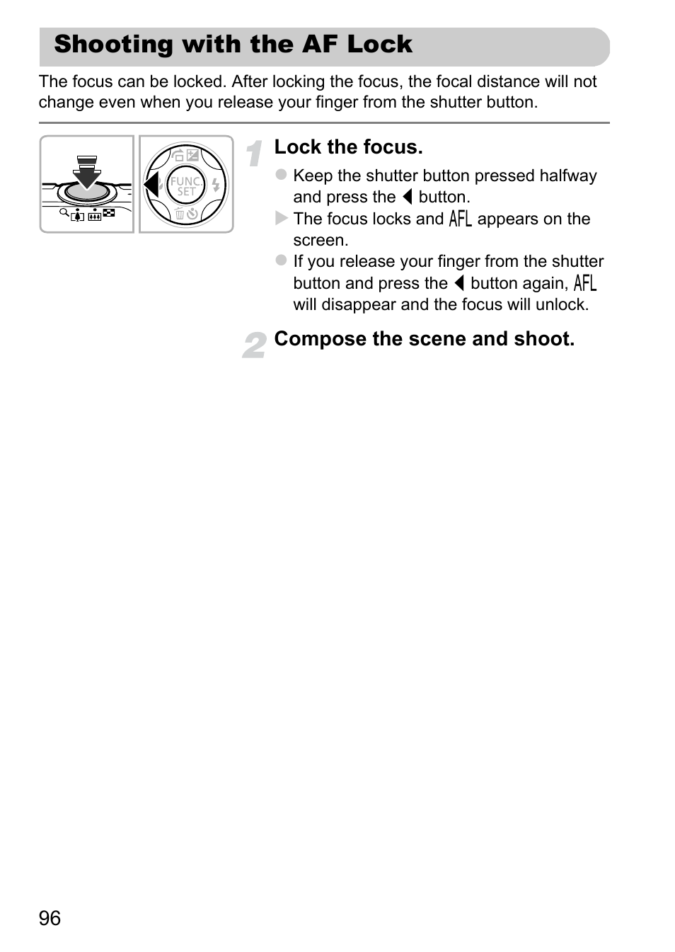 Shooting with the af lock | Canon A2200 User Manual | Page 96 / 201