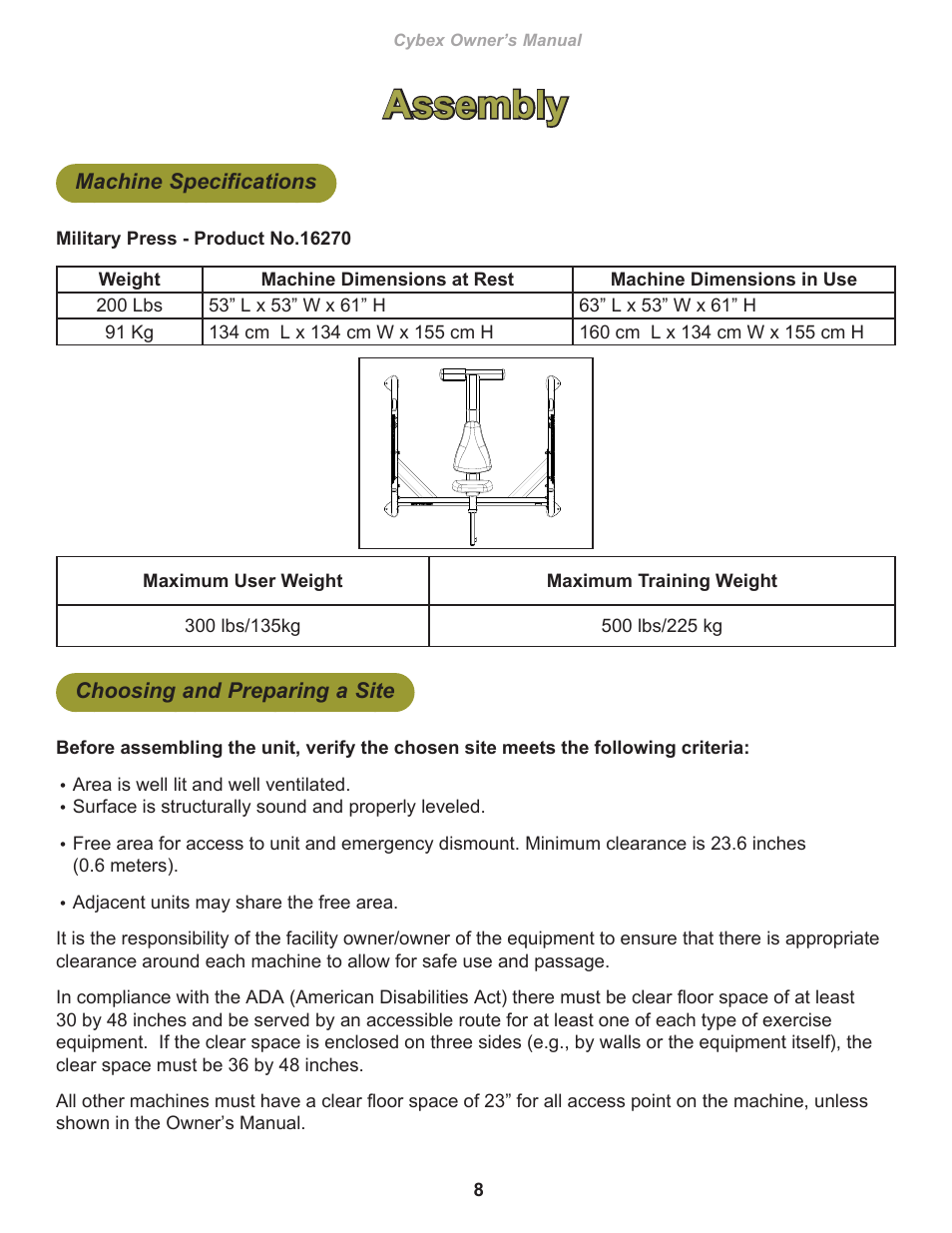 Assembly, Machine specifications, Choosing and preparing a site | Cybex 16270 Free Weight Military Press User Manual | Page 8 / 18