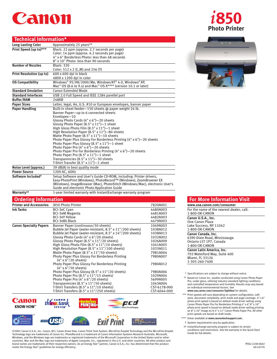 Photo printer, Technical information, Ordering information | For more information visit | Canon i850 User Manual | Page 2 / 2