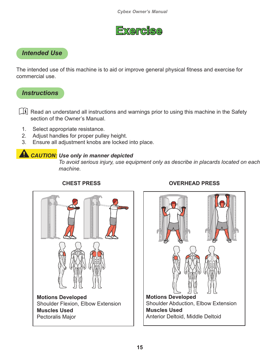 Exercise, Intended use, Instructions | Cybex 18000-FT-325 Bravo User Manual | Page 15 / 30