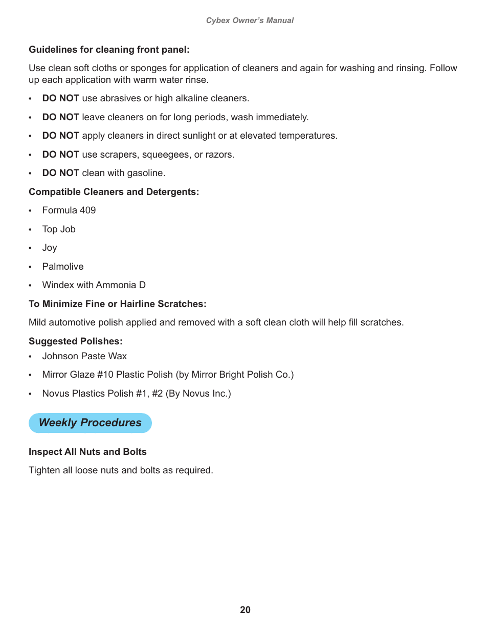 Weekly procedures | Cybex 18000-FT-325 Bravo User Manual | Page 20 / 30