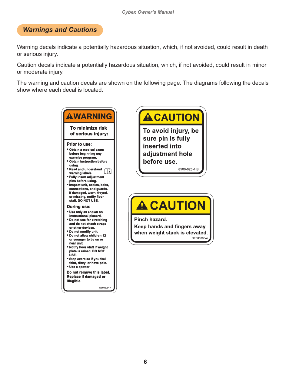 Warnings and cautions, Warning, Owatonna | Cybex owner’s manual | Cybex 18000-FT-325 Bravo User Manual | Page 6 / 30