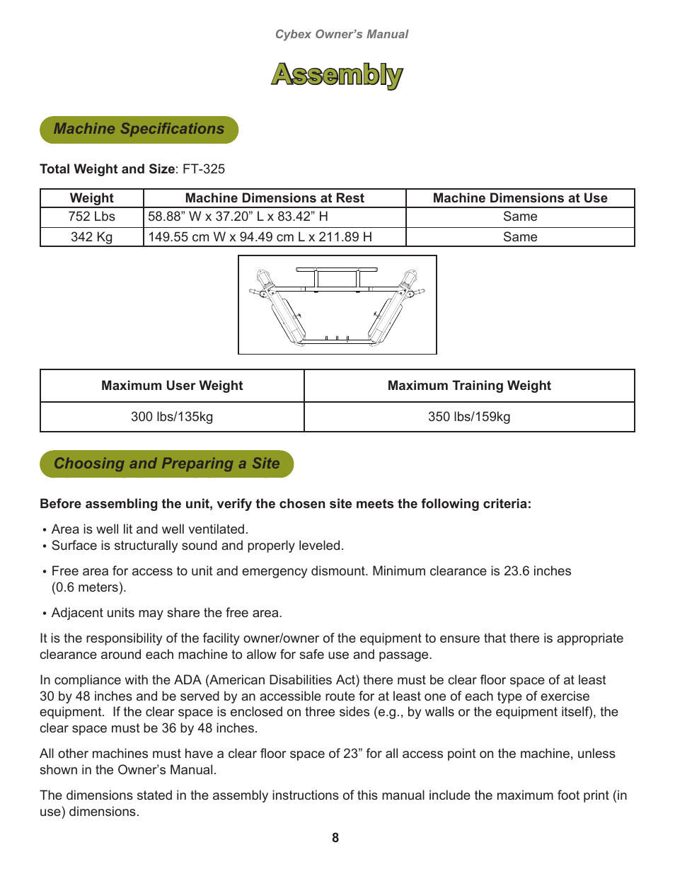 Assembly, Machine specifications, Choosing and preparing a site | Cybex 18000-FT-325 Bravo User Manual | Page 8 / 30