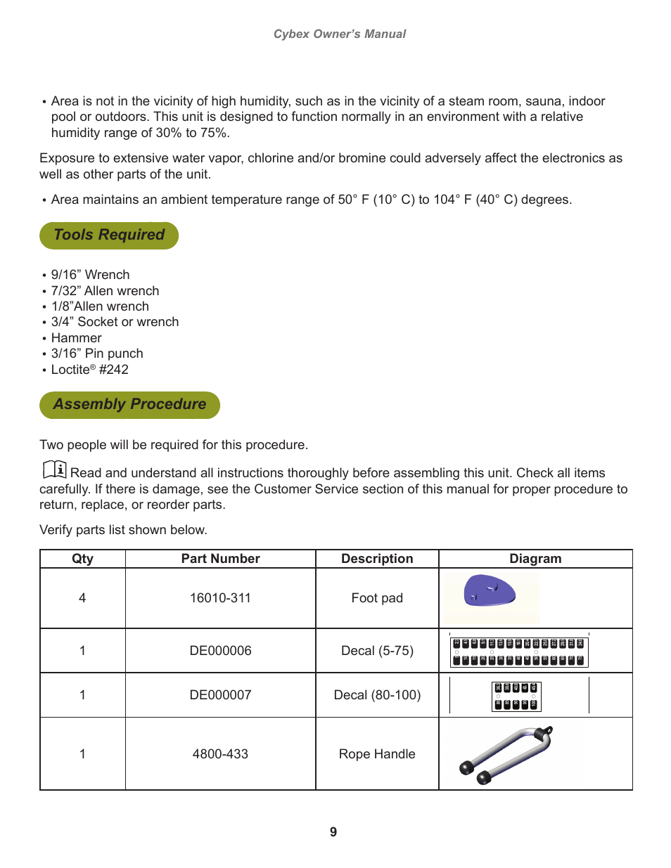 Tools required, Assembly procedure, 9/16” wrench | 7/32” allen wrench, 1/8”allen wrench, 3/4” socket or wrench, Hammer, 3/16” pin punch, Loctite, Cybex owner’s manual | Cybex 18000-FT-325 Bravo User Manual | Page 9 / 30