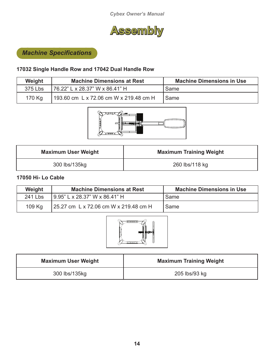 Assembly, Machine specifications | Cybex 17001 Jungle Gym User Manual | Page 14 / 70