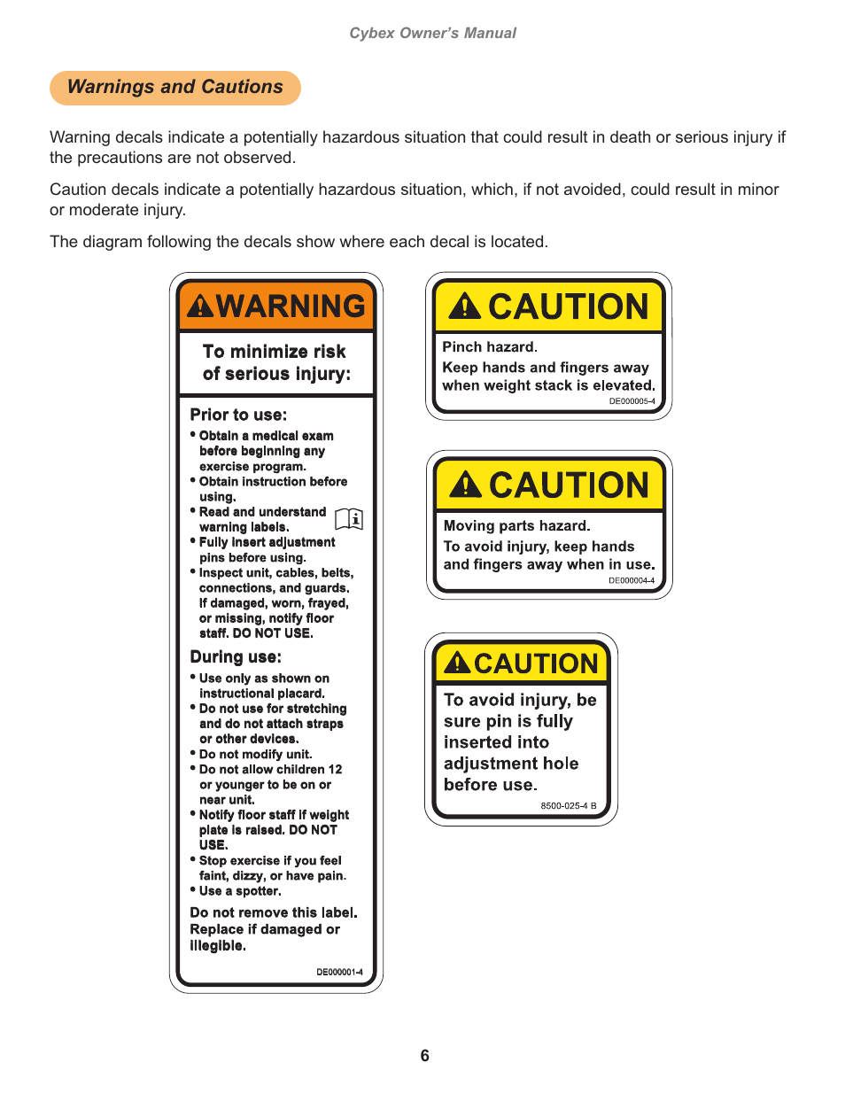 Warnings and cautions, Warning, Owatonna | Prior to use, During use, Cybex owner’s manual | Cybex 17001 Jungle Gym User Manual | Page 6 / 70