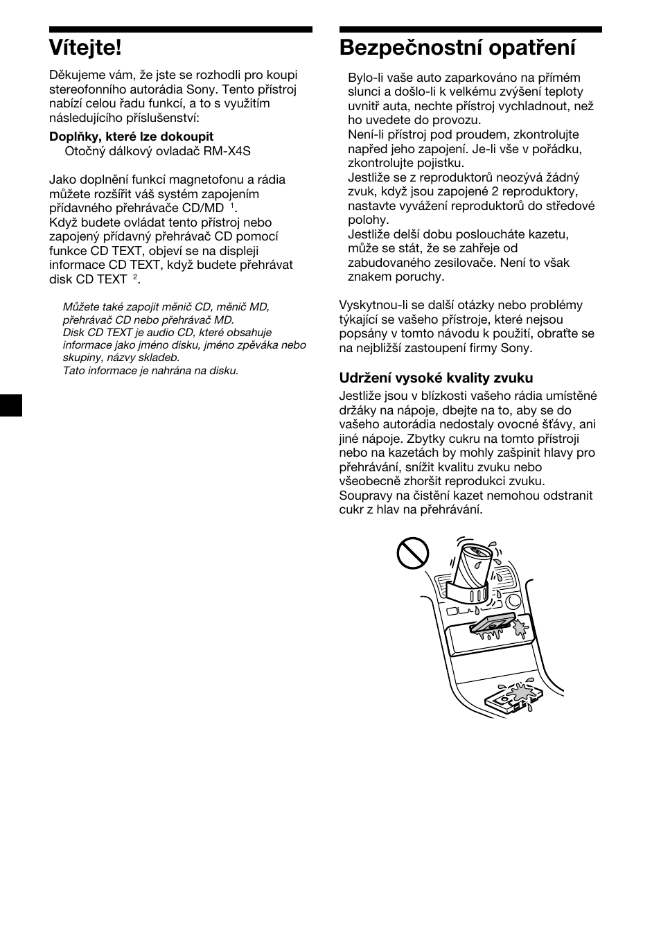 2bezpečnostní opatření, Vítejte | Sony XR-CA410 User Manual | Page 26 / 124