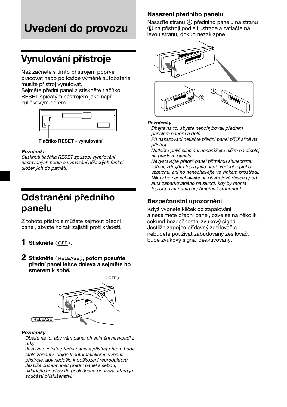 Uvedení do provozu, Vynulování přístroje, Odstranění předního panelu | Sony XR-CA410 User Manual | Page 30 / 124