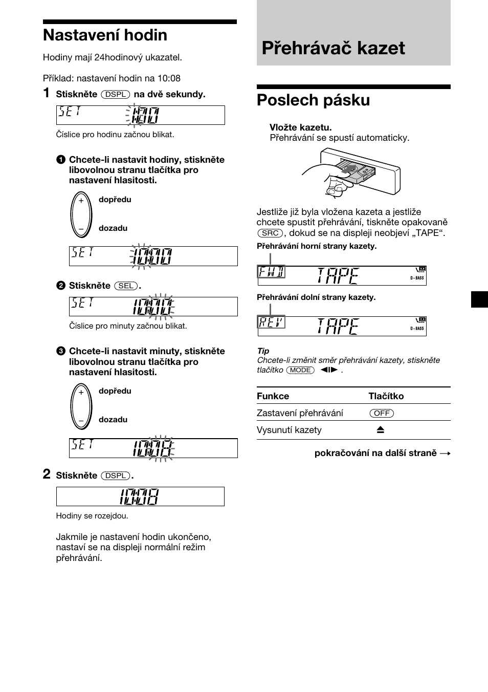 Přehrávač kazet, 7nastavení hodin, Poslech pásku | Sony XR-CA410 User Manual | Page 31 / 124