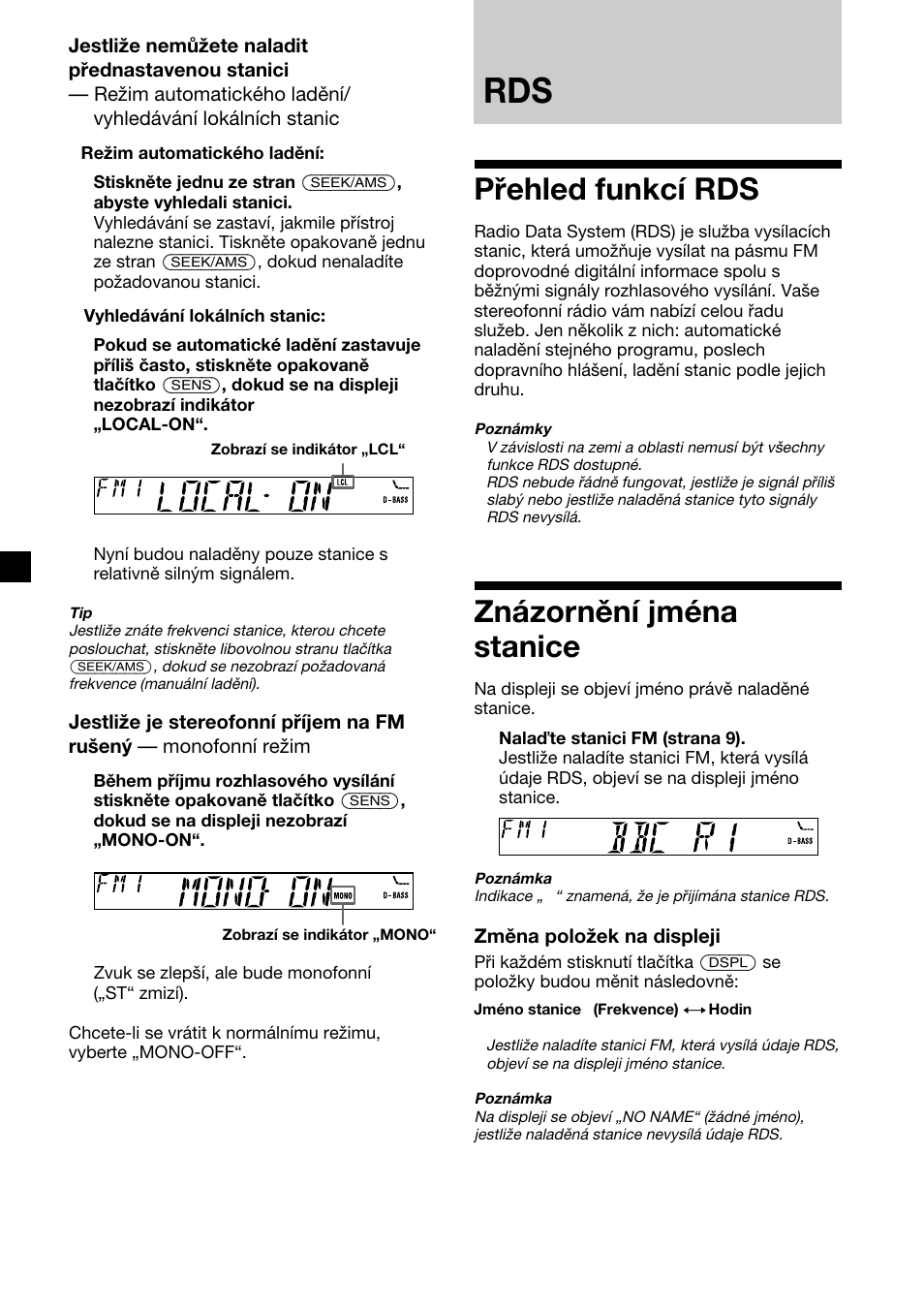 Přehled funkcí rds, Znázornění jména stanice | Sony XR-CA410 User Manual | Page 34 / 124