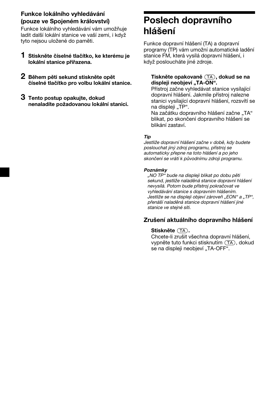 12 poslech dopravního hlášení | Sony XR-CA410 User Manual | Page 36 / 124