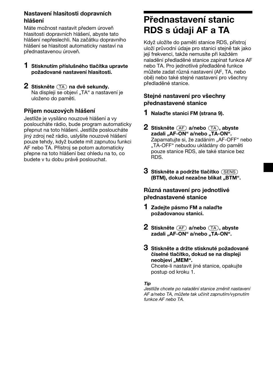 13 přednastavení stanic rds s údaji af a ta | Sony XR-CA410 User Manual | Page 37 / 124