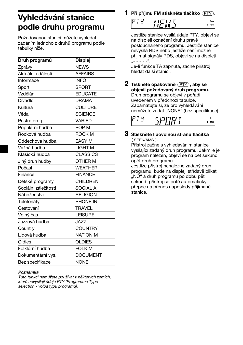 Vyhledávání stanice podle druhu programu | Sony XR-CA410 User Manual | Page 38 / 124